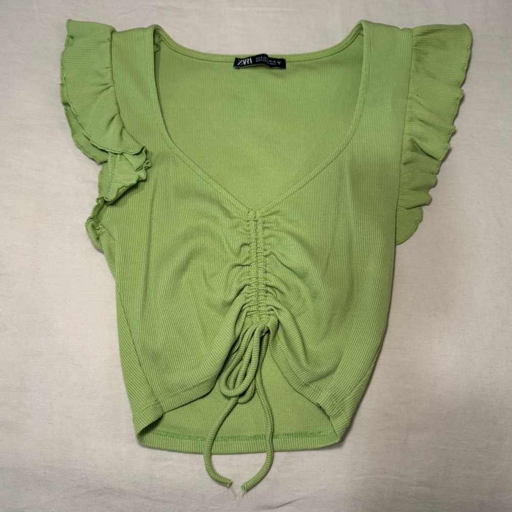 Zara Green Flutter Sleeve Crop Blouse